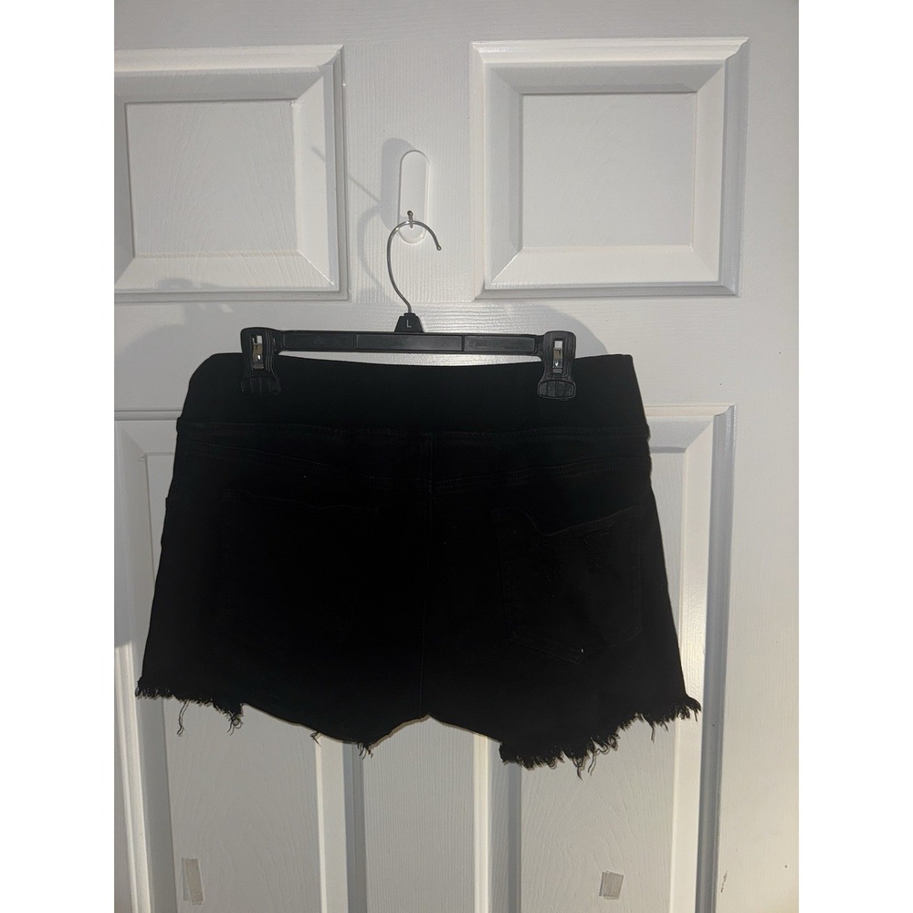 Women's Black Distressed Denim Shorts Size Large Raw Hem Stretch High Rise - Picture 2 of 5